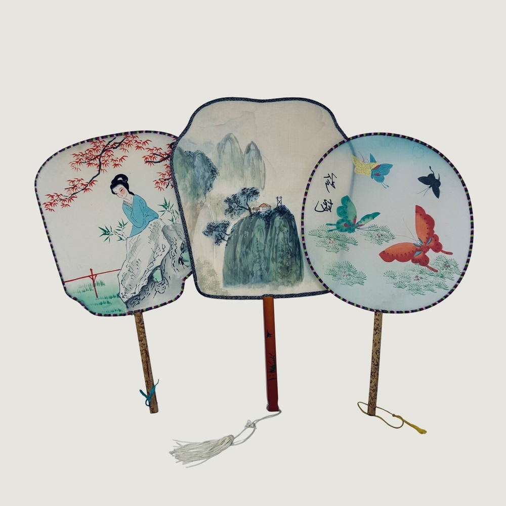 Vintage‎ Chinese Silk Paddle Hand Fans Lot 3X Feminine Watercolor Artwork